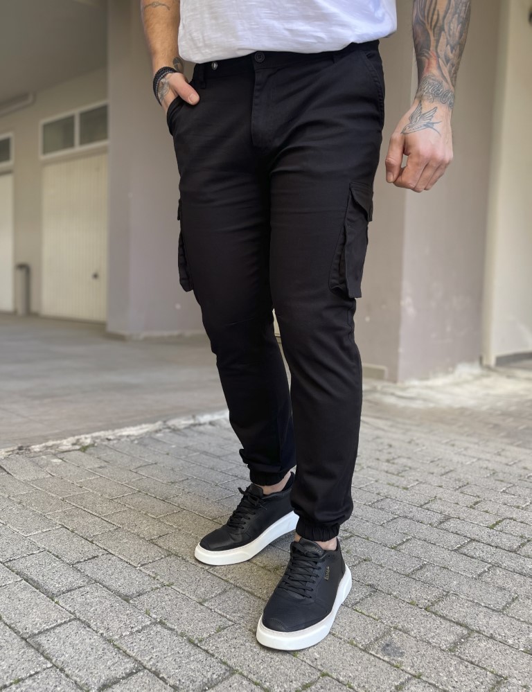 Ανδρικό cargo μαύρο παντελόνι υφασμάτινο με λάστιχο BC51201 φωτογραφία